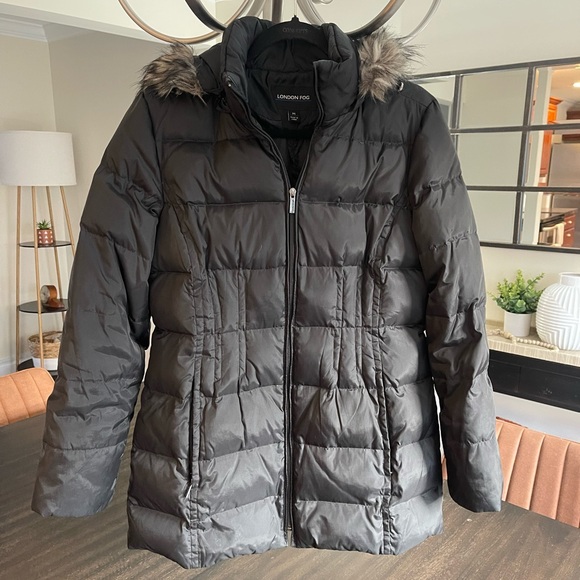 London Fog Black Puffer Coat Zip Front With Faux Fur Hood and Real Feather Down - Picture 2 of 12
